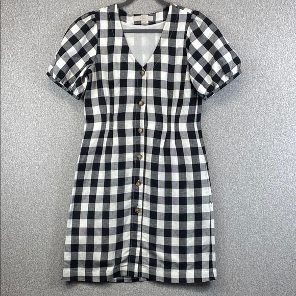 Loft sheath dress buffalo plaid full button down up puffed short sleeves size 4 - Picture 1 of 10